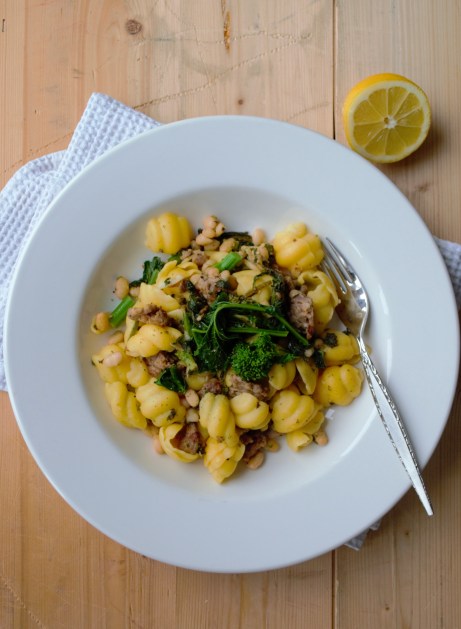 pasta with rapini, sausage and beans (gluten free and dairy free)