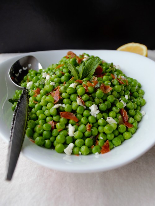 sweet peas with mint, feta and proscuitto