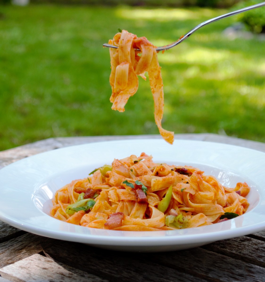 fetticini alla vodka with crispy pancetta and spring onions (gluten and dairy-free)