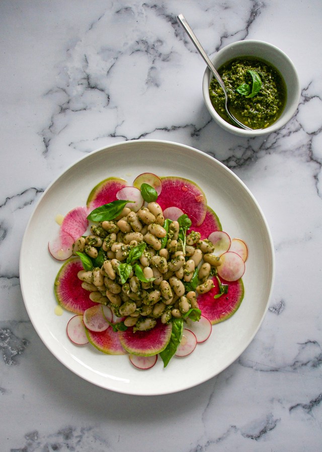 pesto beans on marble